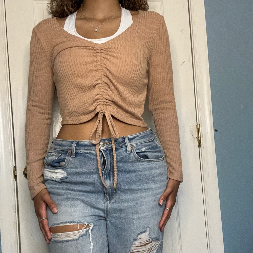 Tan, Long Sleeved Crop Top. W/ tie in front. SHEIN